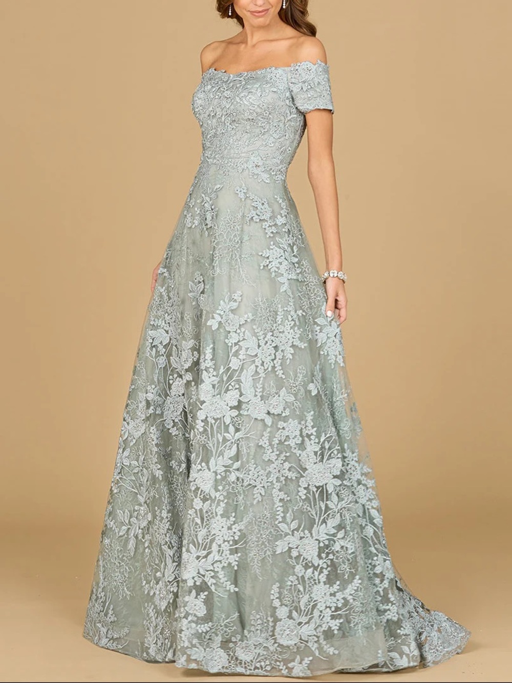 Stunning Off-Shoulder A-line Evening Gown Sage/silver